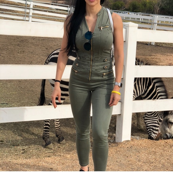 bebe olive green denim jumpsuit sleveless front zipper - Picture 1 of 17